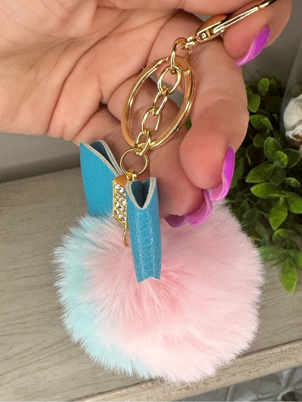 Blue Bow Pom-Pom Keychain with Pastel Fur Charm - Picture 3 of 7